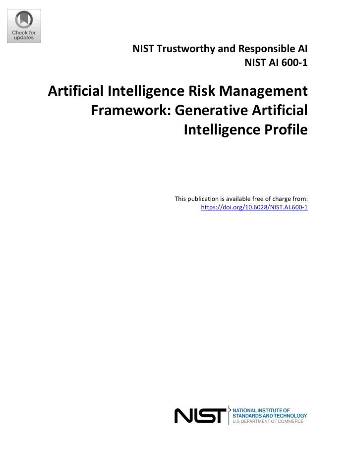 Original cover of NIST’s Generative Artificial Intelligence Profile